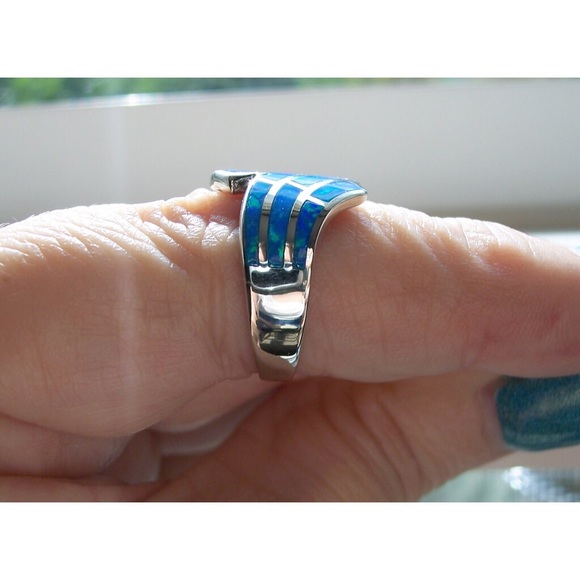 925 STERLING SILVER Lab Created Blue Fire Opal Wave Ring - Picture 5 of 16